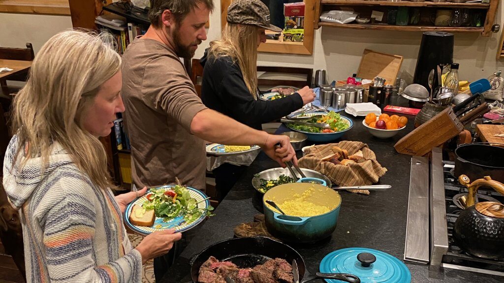 Chef-prepared buffet dinner at Hayden Backcountry Lodge during a leadership retreat